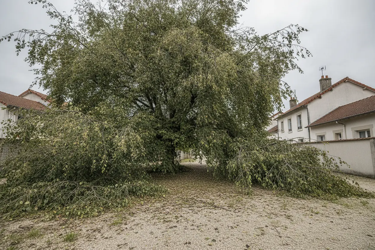 Tilleul débordant chargé de bois mort avant taille sanitaire quartier des Arènes à Bayonne