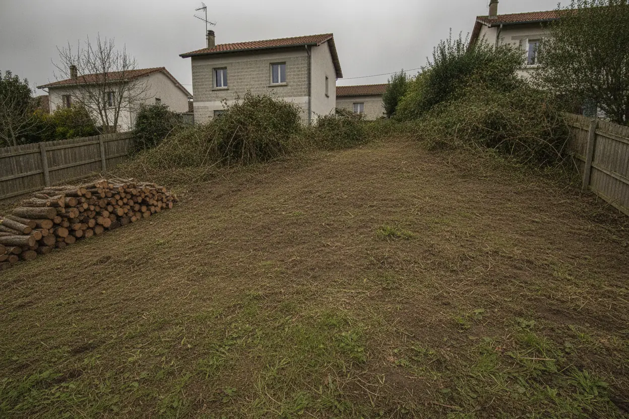 Terrain en pente dégagé et bûches rangées après débroussaillage à Bayonne