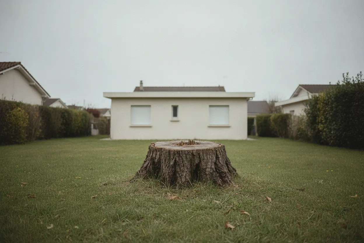 Grosse souche d'arbre au milieu d'une pelouse de pavillon avant dessouchage à Bayonne