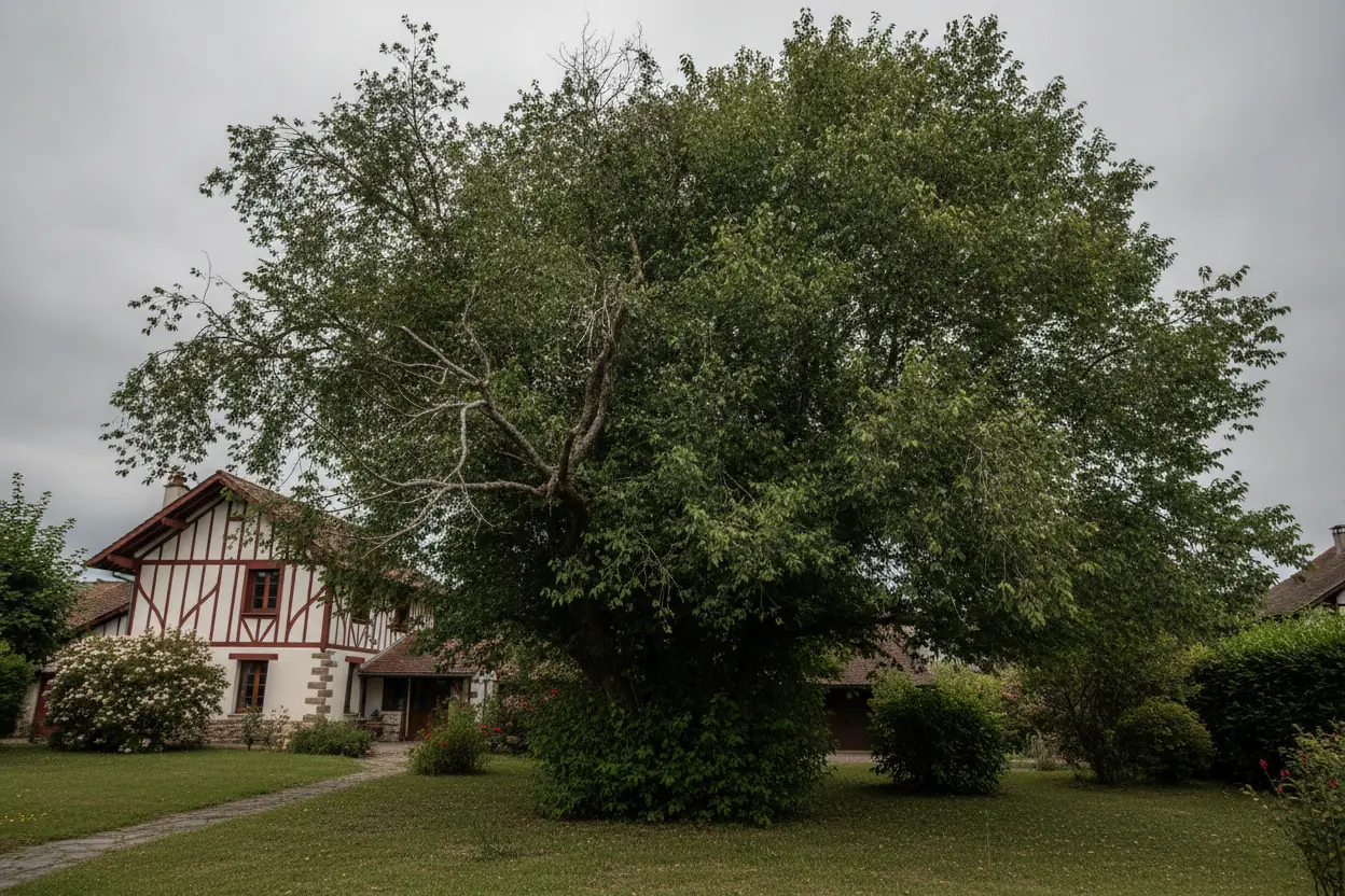 Grand arbre au houppier trop dense avant taille douce devant une maison basque à Bayonne