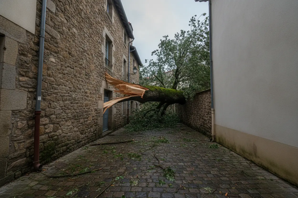 Tronc cassé bloquant une ruelle pavée étroite entre deux bâtiments avant intervention à Bayonne