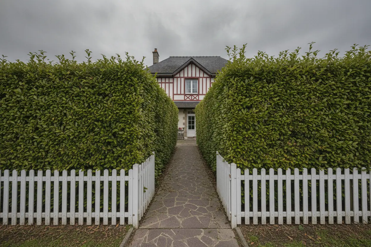 Haie de lauriers taillée nette et allée dégagée après taille à Bayonne