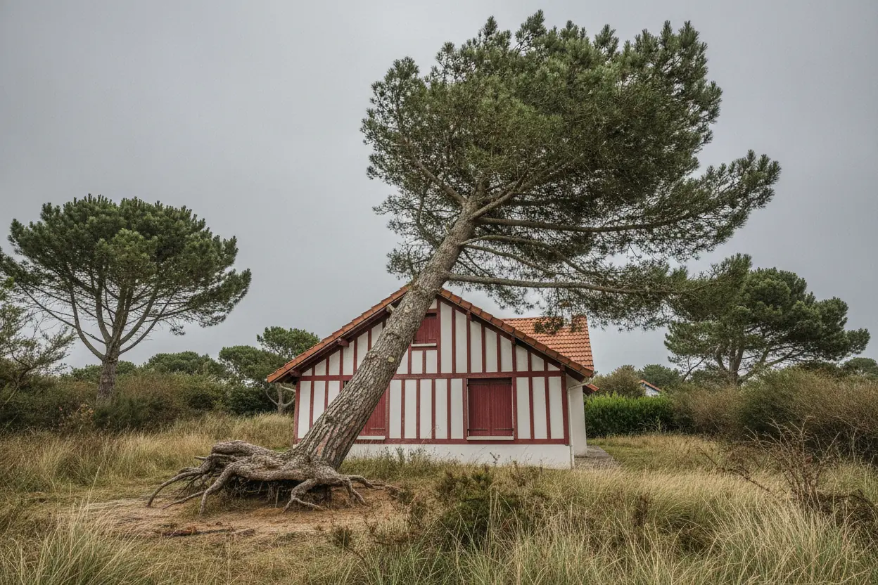 Pin maritime penché menaçant une maison avant sécurisation à Anglet