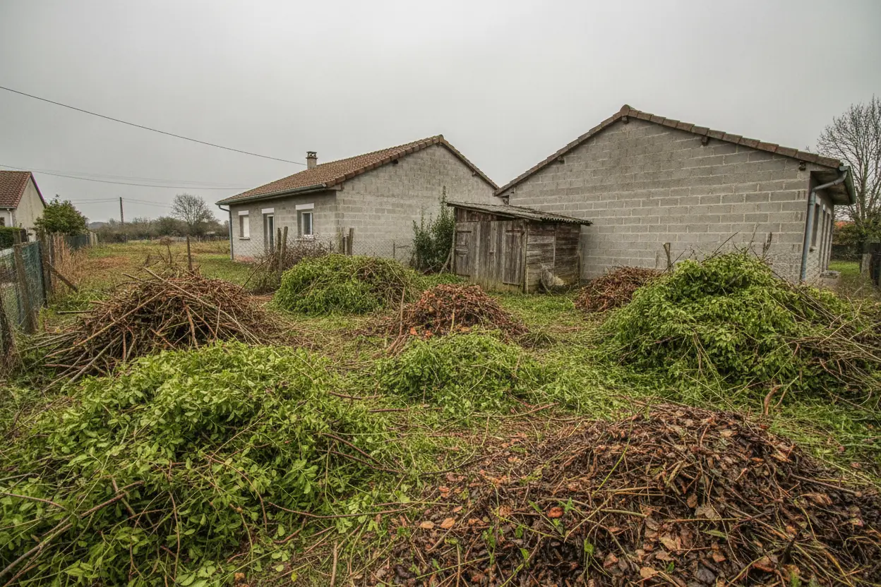 Terrain encombré de branchages et de déchets verts avant nettoyage à Boucau