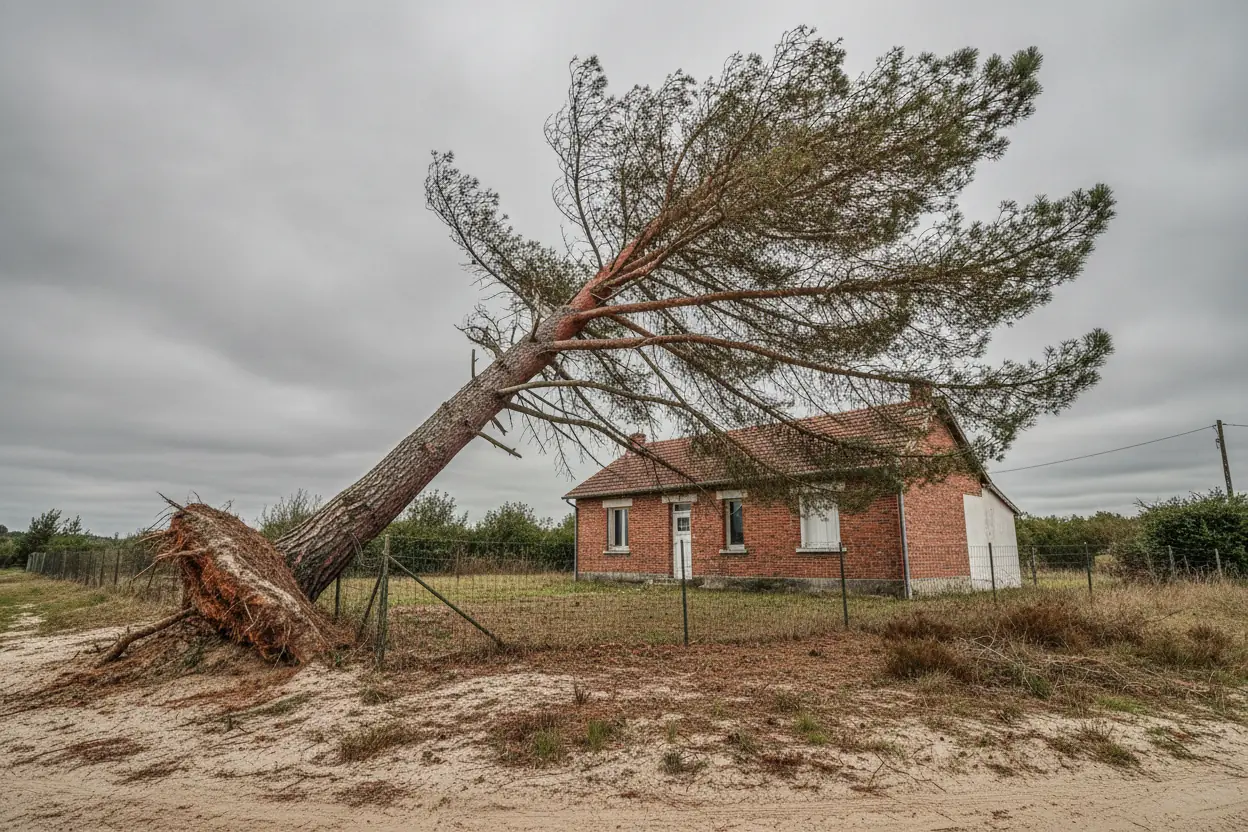 Pin maritime penché et menaçant au-dessus d'une clôture avant abattage à Tarnos