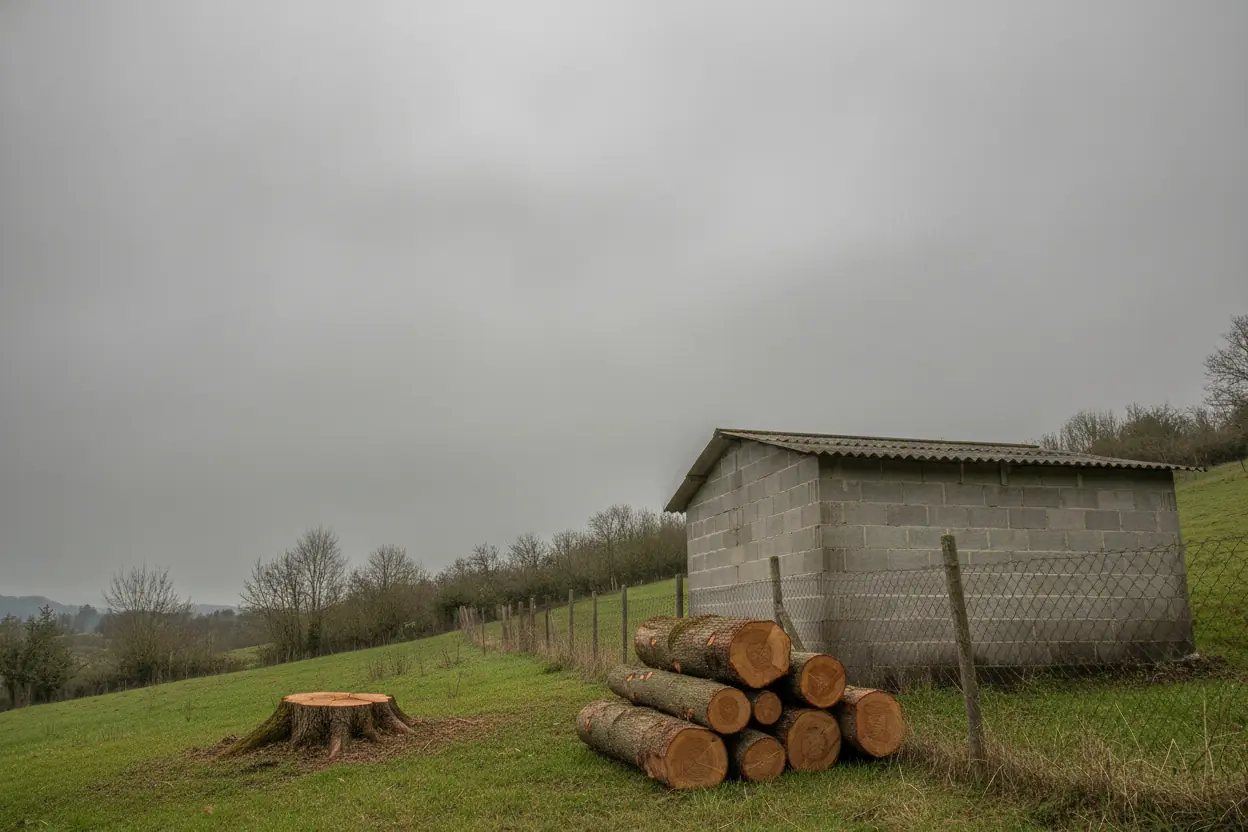 Souche rase et grumes empilées après démontage de l'arbre dangereux à Villefranque